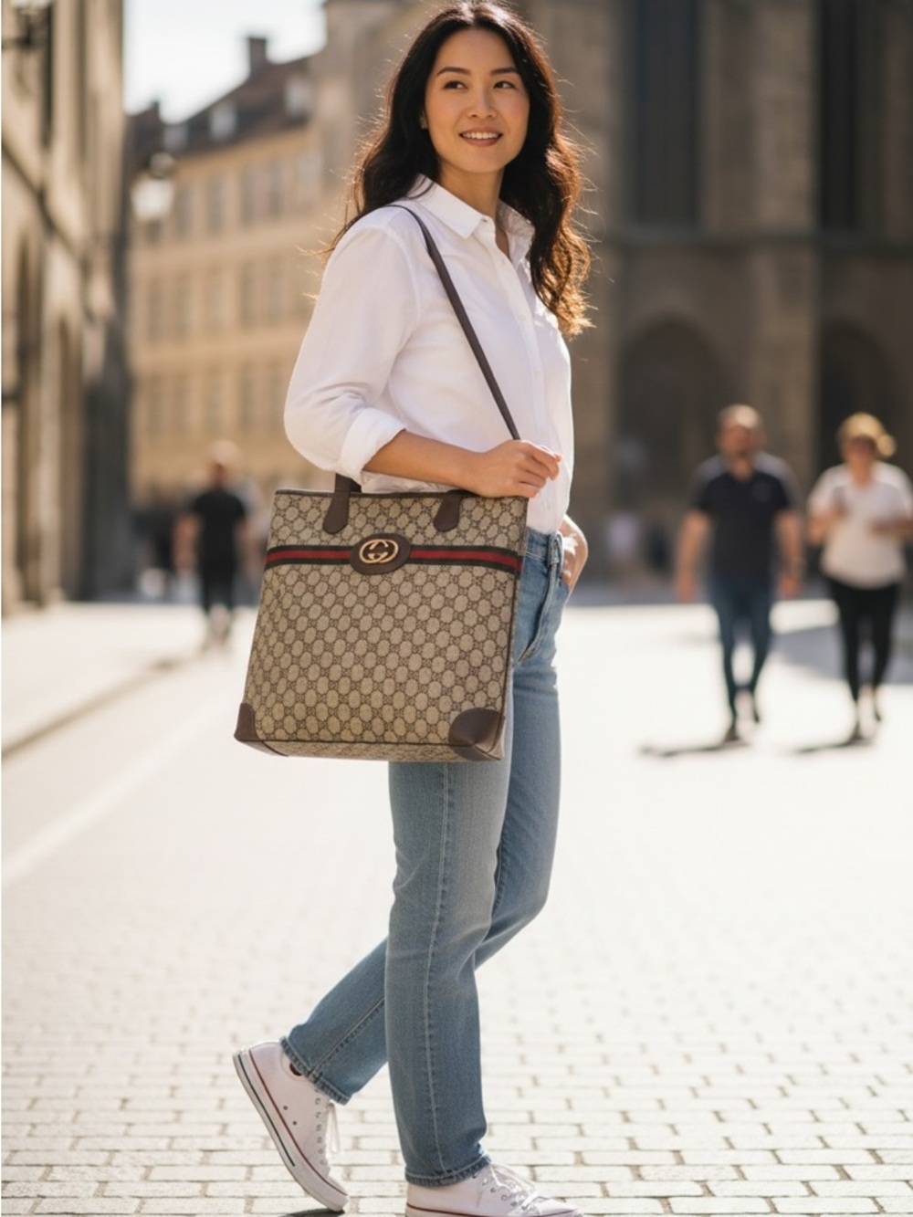 Auth. Repainted Gucci Beige+Brown GG Monogram Sherry Line Green And RedTote Bag - Picture 2 of 14